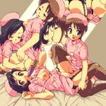  bar_censor black_eyes black_hair breasts brown_eyes brown_hair censored dildo garter_straps kiss medium_breasts multiple_girls no_panties nurse original pubic_hair pussy revision sex strap-on thighhighs uniform vaginal yuri yuya 