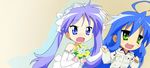  :3 artist_request bouquet bride dragging dress flower hiiragi_kagami izumi_konata lucky_star mole mole_under_eye multiple_girls official_art wedding wedding_dress yuri 