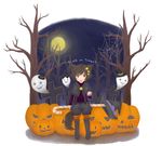  asmoco bow brown_eyes brown_hair candy candy_cane forest full_moon ghost graveyard halloween hat inumimi jack-o&#039;-lantern kemonomimi moon night pumpkin short_hair spider_web tombstone tree trick_or_treat web witch_hat wolf_ears wolf_tail 