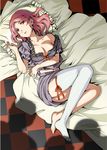  checkered checkered_floor cleavage cuvie lying midriff pillow pink_hair shadow sheets thighhighs 