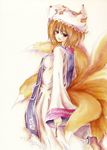  animal_ears blonde_hair color_ink_(medium) colored_eyelashes eyelashes fox_tail hat highres long_sleeves multiple_tails pillow_hat red_eyes short_hair signature solo sugai tail tassel touhou traditional_media watercolor_(medium) wide_sleeves yakumo_ran 