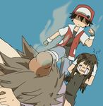  2boys baseball_cap black_dress blue_(pokemon) brown_hair bukiko closed_eyes closed_mouth crying dress fingerless_gloves gloves hat long_hair lowres multiple_boys ookido_green open_mouth pokemon pokemon_(game) pokemon_rgby red_(pokemon) red_(pokemon_rgby) shaded_face short_sleeves spiked_hair streaming_tears tears white_gloves 