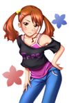  anjou_naruko ano_hi_mita_hana_no_namae_wo_bokutachi_wa_mada_shiranai. bad_id bad_pixiv_id bare_shoulders blush breasts casual denim earrings frown hand_on_hip hand_on_thigh highres jeans jewelry mohya off_shoulder orange_eyes orange_hair pants small_breasts solo stud_earrings twintails 