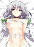  arms_behind_back bad_id bad_pixiv_id banned_artist bra bra_lift breasts choker dakimakura garter_belt glaring groin izayoi_sakuya lingerie looking_at_viewer medium_breasts nipples out-of-frame_censoring red_eyes shikano_sumiaki silver_hair solo touhou underwear untied upper_body 