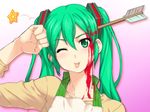  apron arrow arrow_in_head blood clenched_hand dojikko_pose face g-tetsu green_eyes green_hair hands hatsune_miku head_tilt ie_ni_kaeru_to_tsuma_ga_kanarazu_shinda_furi_wo_shite_imasu._(vocaloid) long_hair one_eye_closed solo star tongue twintails vocaloid 