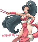  black_eyes black_hair breasts cleavage closed_fan elbow_gloves fan fatal_fury fingerless_gloves folding_fan gloves highres japanese_clothes long_hair medium_breasts okera pelvic_curtain ponytail revealing_clothes shiranui_mai side_slit solo the_king_of_fighters 