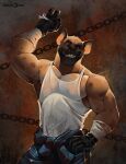  2023 abs anthro arm_wraps biceps bottomwear chain clothing clothing_around_waist crescent_yeen deltoids eyebrow_scar fangs grin grinning_at_viewer hand_on_hip hi_res holding_object holding_tool holding_wrench hyena looking_at_viewer male mammal manly mechanic muscular muscular_arms pants pecs raised_arm shirt shirt_around_waist simple_background smile solo standing tank_top teeth tools topwear triceps white_clothing white_shirt white_tank_top white_topwear work_gloves wraps wrench 