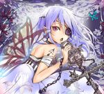  bandaged_arm bandages bug butterfly chain eyepatch highres holding insect keepout long_hair looking_at_viewer microphone_stand open_mouth original purple_eyes silver_hair solo wind 