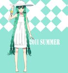  alternate_costume aqua_background aqua_eyes aqua_hair barefoot braid dress full_body green_eyes hair_over_shoulder hand_on_headwear hat hat_tip hatsune_miku long_hair looking_at_viewer nail_polish quad_braids saitoyu00 simple_background smile solo standing sundress toenail_polish very_long_hair vocaloid 