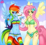  anthrofied arthropod blush bra butterfly clothed clothing cloud clouds cutie_mark dialog english_text equine female fluttershy_(mlp) friendship_is_magic hair hairclip horse insect legwear long_hair mammal multi-colored_hair my_little_pony navel open_mouth panties pegasus pink_hair pony rainbow_dash_(mlp) rainbow_hair skimpy slugbox stockings striped_bra striped_panties striped_stockings striped_wristband teeth text tongue underwear wings 