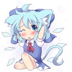  animal_ears blue_dress blue_eyes blue_hair blush bow cat_ears cat_tail chibi cirno dress hair_bow hands_on_own_head kemonomimi_mode lozelia one_eye_closed open_mouth sitting solo tail tears touhou wings 