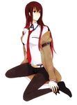  belt black_legwear blue_eyes breasts brown_hair jacket legwear_under_shorts long_hair looking_away makise_kurisu medium_breasts necktie pantyhose red_neckwear ro_ma shorts sitting solo steins;gate 