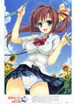  1girl absurdres blue_eyes bra breasts brown_hair cameltoe copyright_request dress_shirt flower highres hose impossible_clothes impossible_clothing impossible_shirt large_breasts lingerie panties ponytail school_uniform see-through shirt solo underwear water wet wet_clothes yuuki_hagure 