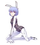  albino animal_ears ayanami_rei blue_hair bodysuit bunny_ears gloves kneeling navel neon_genesis_evangelion open_mouth orebalgum plugsuit red_eyes see-through short_hair simple_background solo test_plugsuit white_background white_bodysuit 