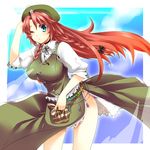  :/ bad_id bad_pixiv_id bag blue_eyes braid breasts china_dress chinese_clothes dress gradient green_dress hand_on_headwear hat hong_meiling jewelry large_breasts long_hair no_panties one_eye_closed petticoat red_hair solo tassel touhou twin_braids wind yutazou 