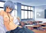  ayanami_rei blue_hair classroom evangelion:_2.0_you_can_(not)_advance homunculus_(artist) lips mouth_hold neon_genesis_evangelion nipples no_bra open_shirt oppai rebuild_of_evangelion red_eyes school_uniform short_hair solo undercover_brothers unzipped 