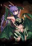 bad_id bad_pixiv_id breasts cleavage dragon dragon_(monster_girl_encyclopedia) dragon_girl dragon_wings green_wings heart highres horns large_breasts monster_girl monster_girl_encyclopedia purple_hair ribbon scales see-through solo sud_(sudea) tail wings 