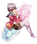  ami_(cadenza) bandages black_hair blue_eyes choker fragile:_sayonara_tsuki_no_haikyo jacket legs pantyhose pig purple_legwear red_jacket sai_(fragile) short_hair skirt solo spirit stuffed_animal stuffed_toy torn_clothes torn_legwear traditional_media 