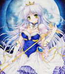  biglove crown dress elbow_gloves feena_fam_earthlight floating_hair frilled_dress frills full_moon gloves gown lavender_hair light_smile long_hair moon princess solo traditional_media wand watercolor_(medium) yoake_mae_yori_ruri_iro_na 