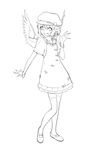  adapted_costume alternate_costume arm_up bad_id bad_pixiv_id bracelet casual contemporary dress earrings fang greyscale hat jewelry lineart monochrome mystia_lorelei open_mouth pose shiba_itsuki short_hair simple_background smile solo thighhighs touhou white_background wings 