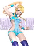  adapted_costume bad_id bad_pixiv_id bare_shoulders bikini blonde_hair blue_eyes blue_legwear breasts finger_gun finger_gun_to_head halterneck highres large_breasts long_hair metroid revealing_clothes samus_aran sidelocks solo swimsuit thighhighs underboob wristband zero_hime zero_suit 