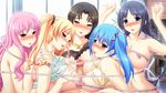  1boy 5girls aqua_hair black_hair blonde_hair blue_eyes blue_hair blush bra breasts censored erect_nipples game_cg girl_sandwich harem huge_breasts kyonyuu_torai_!_tankishuuchuu_chichi_momi_ressun large_breasts long_hair multiple_girls nipples nude open_mouth pimp pink_hair purple_eyes pussy red_eyes sandwiched sweat twintails underwear yellow_eyes 