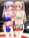  bikini boxing boxing_gloves boxing_ring copyright_request kannatsuki_noboru multiple_girls purple_eyes ribbon side-tie_bikini swimsuit third-party_edit twintails 