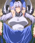  arms_over_head blue_skirt blush breasts crystal_pendant engi_threepiece fur_collar held_by_ankles large_breasts long_hair looking_at_assaulter oppai spread_legs waki yumekui_merry 
