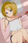  bad_id bad_pixiv_id bare_shoulders bed blonde_hair blue_eyes camisole collarbone flat_chest hair_ornament hair_ribbon hairclip kagamine_rin looking_at_viewer lying midriff navel on_back pillow ribbon short_hair shorts solo strap_slip tamakorogashi vocaloid 