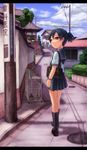  alley bad_id bad_pixiv_id bag black_hair brown_hair building handbag house kneehighs kurione_(zassou) letterboxed looking_back manhole original power_lines road school_uniform serafuku short_hair skirt solo street watch wristwatch 