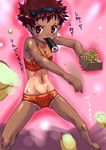  beans bikini blue_eyes brown_hair dark_skin food hairband horns loli mizugi mouth_hold multicolored_eyes navel open_mouth oppai orange_eyes otterkawauso pettanko red_eyes short_hair small_breasts sushi sushi_roll tanlines tanned teeth 