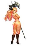  amazon_(dragon's_crown) ass bikini blonde_hair blue_eyes boots circlet dragon's_crown feathers g-string halberd long_hair muscle panties polearm solo swimsuit tattoo thick_thighs thighs thong thong_bikini trnth underwear weapon 