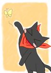  animal black_cat blush bug butterfly cat cat_focus closed_eyes insect nichijou no_humans reaching sakamoto_(nichijou) scarf tail 