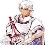  armor buront cape elf elvaan final_fantasy final_fantasy_xi male_focus md5_mismatch pointy_ears red_eyes sheath sheathed shield silver_hair solo sumi_keiichi sword weapon 