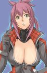  amanda_werner blassreiter bodysuit breasts cleavage green_eyes gus_(clarkii) large_breasts purple_hair shiny shiny_skin solo unzipping 