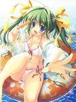  absurdres bikini blue_eyes bow breasts cameltoe cleavage food foreshortening green_hair highres hood hoodie innertube izumi_tsubasu long_hair medium_breasts melon-chan melonbooks popsicle solo splashing swimsuit yellow_bow 