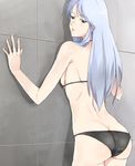  1girl against_wall ass bikini blue_eyes blue_hair eterna_frail eyebrows eyebrows_visible_through_hair gundam jack_hamster long_hair sd_gundam_g-generation solo swimsuit white_hair 