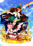  bird birdcage blonde_hair brown_hair cage cape earrings hanada_hyou hat jewelry lunasa_prismriver lyrica_prismriver merlin_prismriver multiple_girls mystia_lorelei pantyhose pink_hair rainbow red_eyes reiuji_utsuho sitting thighhighs third_eye touhou wariza wings 