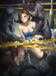  blush breasts brown_hair cleavage erect_nipples grope groping gun jill_valentine legs_spread panties resident_evil restrained spread_legs underwear upskirt weapon you_gonna_get_raped zombie zombies 