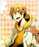  blonde_hair durarara!! earrings hood hoodie jacket jewelry kida_masaomi male_focus mutsuki_ayumi one_eye_closed open_mouth smile solo yellow_eyes 