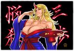  areola_slip areolae bare_shoulders blonde_hair breasts cleavage cup dairoku_tenma horn hoshiguma_yuugi huge_breasts japanese_clothes kimono long_hair muscle muscular_female off_shoulder oni pointy_ears red_eyes sakazuki sash solo touhou wide_sleeves 