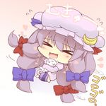  &gt;_&lt; :3 animal blush bow cat closed_eyes crescent fang hair_bow happy hat hazuki_ruu hug long_hair mukyuu open_mouth patchouli_knowledge purple_hair rolling solo touhou x3 
