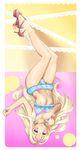  1boy bad_id blonde_hair blue_nails bow bra bulge crossdress crossdressing full_body hair_bow high_heels highres kafusu7625 lingerie long_hair lying male male_focus nail_polish navel on_back original panties purple_eyes shoes smile solo symbol-shaped_pupils trap underwear very_long_hair 