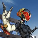  aegis_(persona) android black_hair blonde_hair bow city giantess kyodairobo mask metis multiple_girls persona persona_3 ribbon robot_joints skin_tight 