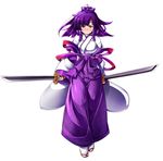  blush dual_wielding hakama holding japanese_clothes katami_shinta miko original purple_eyes purple_hair purple_hakama solo sword weapon 