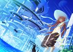  bad_id bad_pixiv_id blue_eyes boots brown_hair cat choker collar condensation_trail day dress dutch_angle hat highres katou_itsuwa knee_boots long_hair moon original outdoors scenery science_fiction sign solo suitcase sun_hat very_long_hair water 