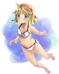  :t alice_margatroid barefoot bikini blonde_hair blue_eyes blush full_body hairband holding_breath kannazuki_hato short_hair simple_background solo swimsuit touhou underwater white_swimsuit 