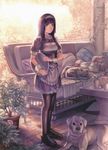  black_hair blue_eyes bushes cat cleavage couch dog garden krenz outdoors pantyhose roses rug tea waitress 