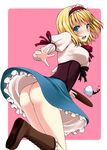  alice_margatroid alternate_costume ass blonde_hair blue_eyes blush boots breasts corset cross-laced_footwear cup lace-up_boots medium_breasts no_panties open_mouth petticoat short_hair solo spilling tea teacup tottoto_tomekichi touhou tray 