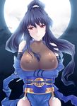  belt blush breast_hold breasts choukou_sennin_haruka covered_nipples crossed_arms elbow_gloves fingerless_gloves fishnets full_moon gloves highres large_breasts long_hair moon night night_sky ninja nipples ponytail red_eyes sky smile solo subaru_(choukou_sennin_haruka) tipo_(tipoplaza) 